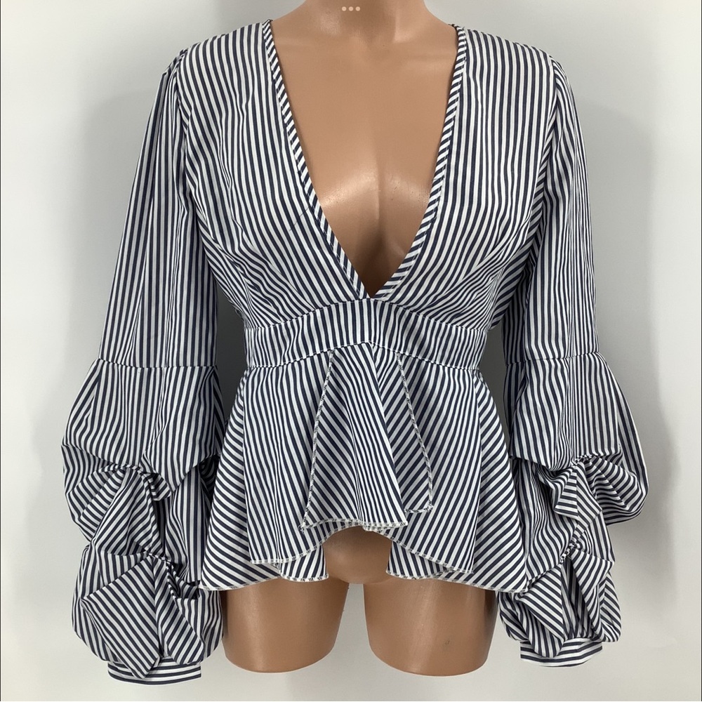 Miss Lili Black and White Striped Peplum Blouse